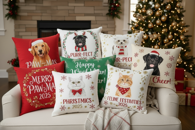 Cojines personalizados con diseños navideños de perros y frases decorativas